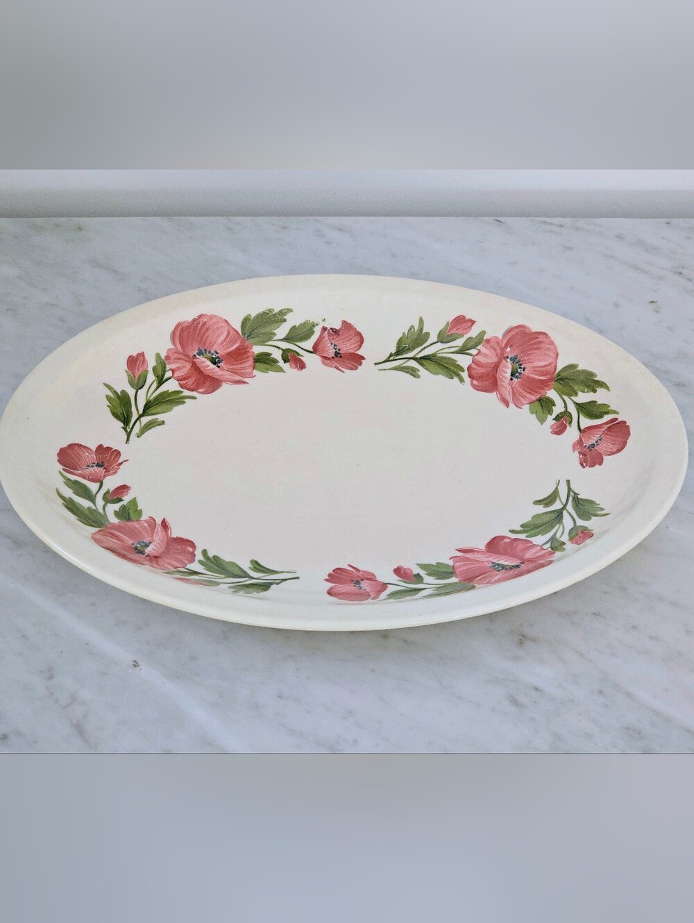 Shenandoah Ware Poppy Floral Oval Serving Platter Vintage USA Red Green Cream - Picture 2 of 9